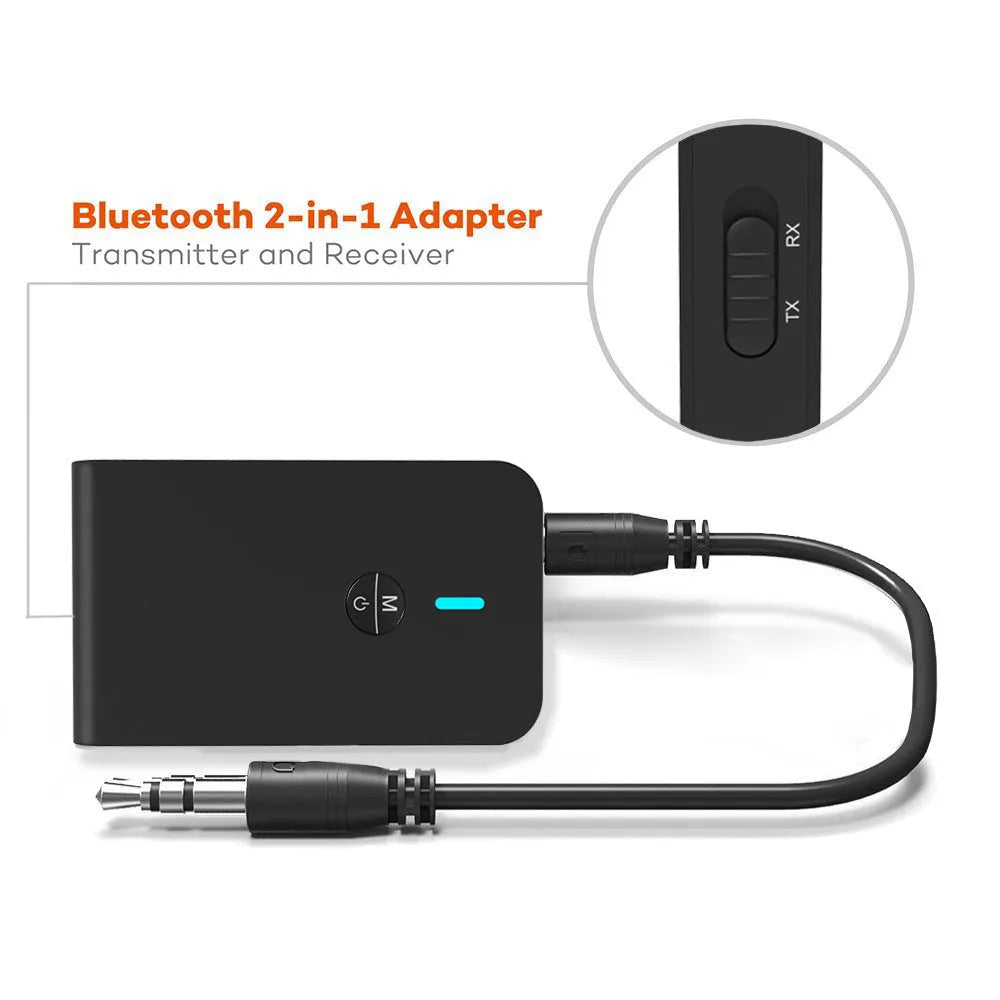 Black Bluetooth audio adapter with 3.5mm AUX cable and external power supply