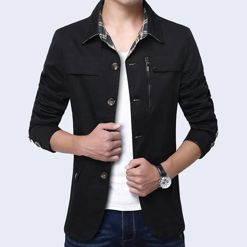 Men's slim thin cotton jacket in Army Green with concealed pockets, 95% cotton, Asian sizing