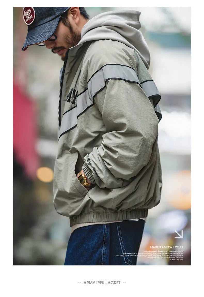 Men's hooded pilot jacket in Air Force Blue with colour-block design and side seam pockets