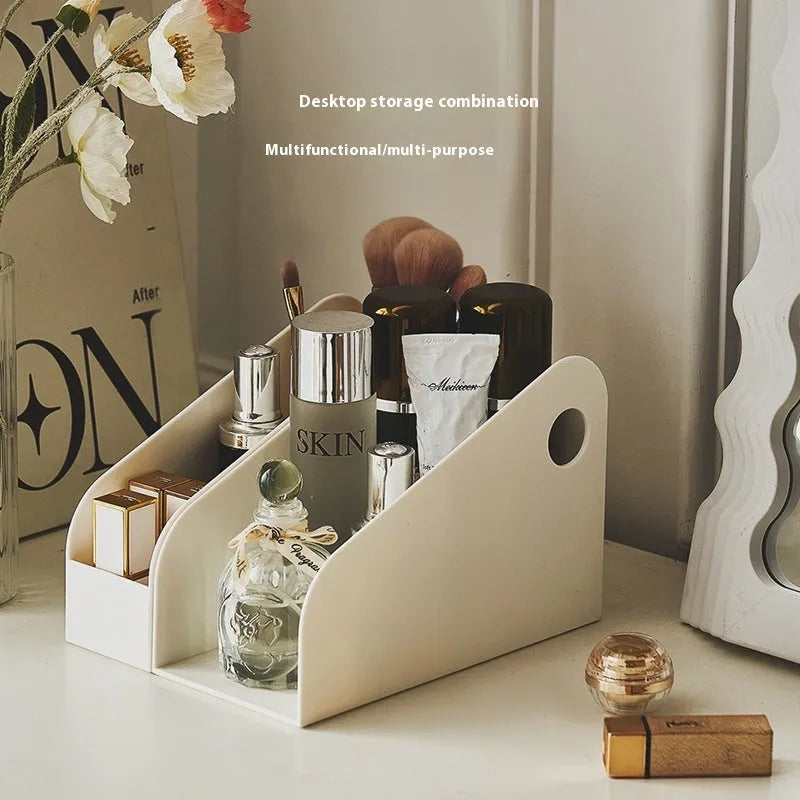 Plastic desktop stationery organiser with two grid compartments in ivory white colour