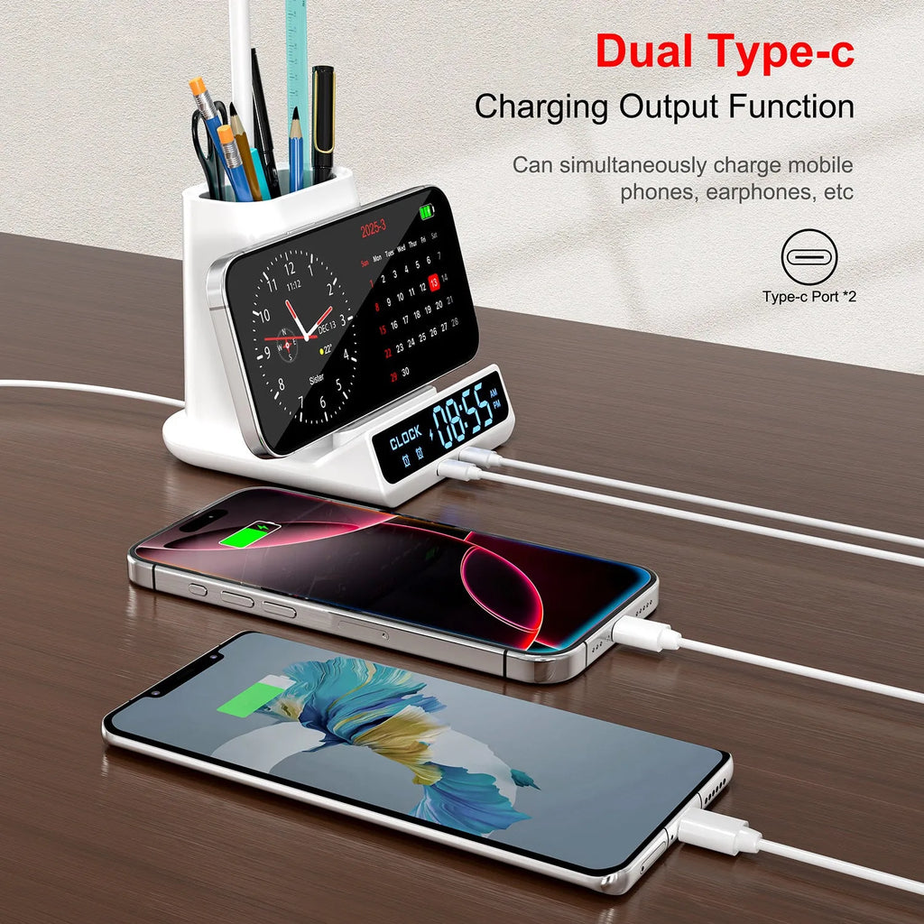 Modern black desk lamp with wireless charging pad, pen holder, and storage box on a desk.