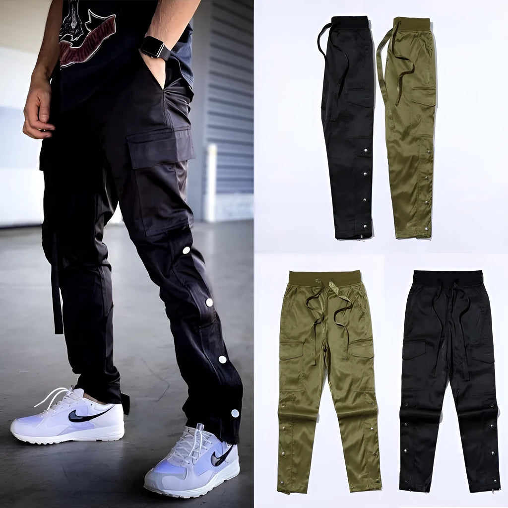 Men's green cotton cargo pants with Velcro and button fastening, straight leg, elastic waist