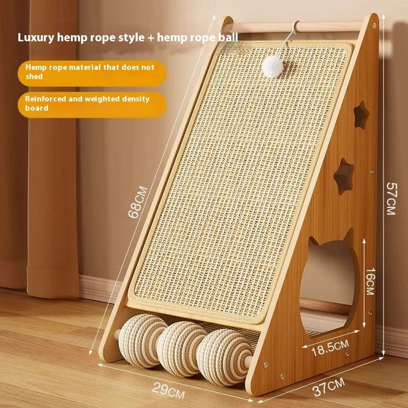 Vertical wall-mounted cat scratch board with hemp rope wrapping and teasing ball design