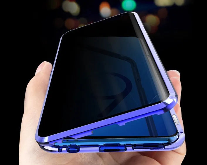 Black magnetic clamshell phone case with privacy screen for Samsung Galaxy phone.