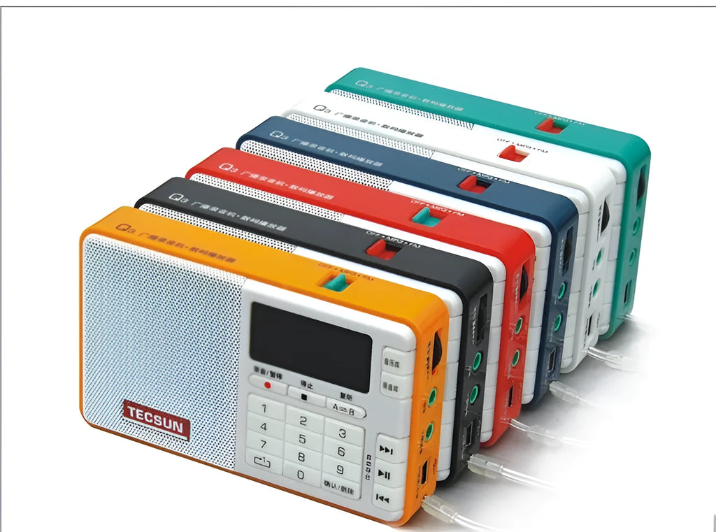Tecsun Q3 digital audio player and FM radio recorder in multiple colour options on a white background.
