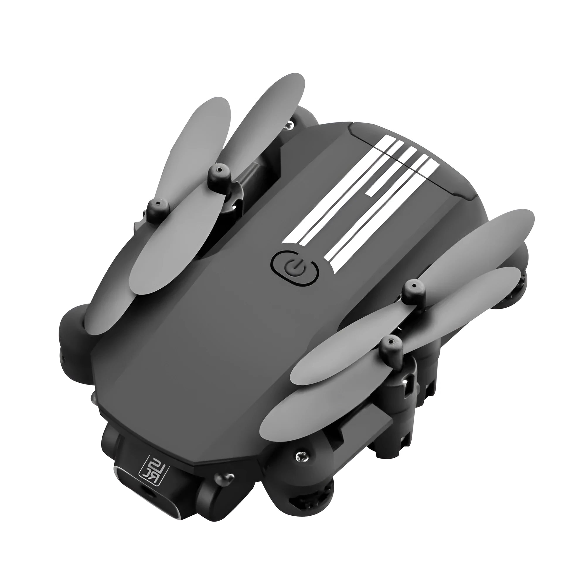 Mini folding aerial drone with 4K camera, black, arms open showing four propellers, compact body on white background
