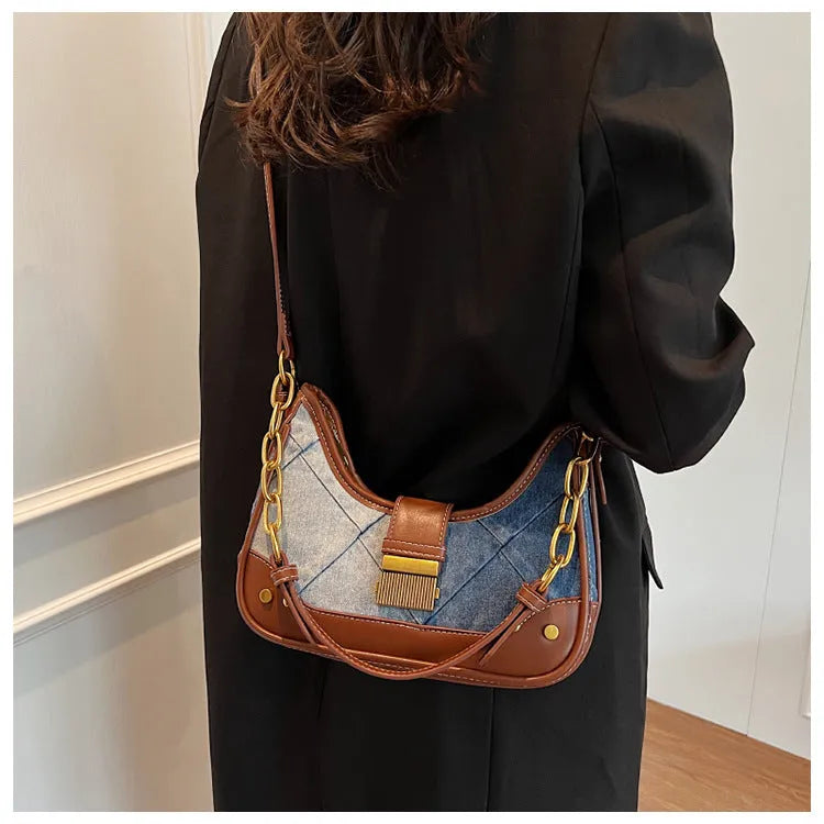 Brown denim women's shoulder bag with diamond mesh overlay and chain detailing