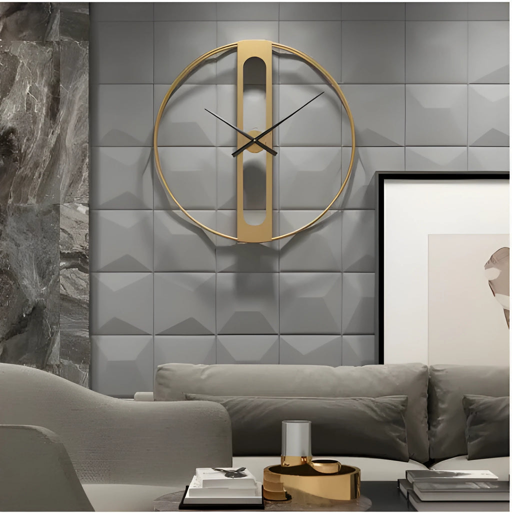 Round metal wall clock measuring 50cm in diameter, available in black and gold colour options