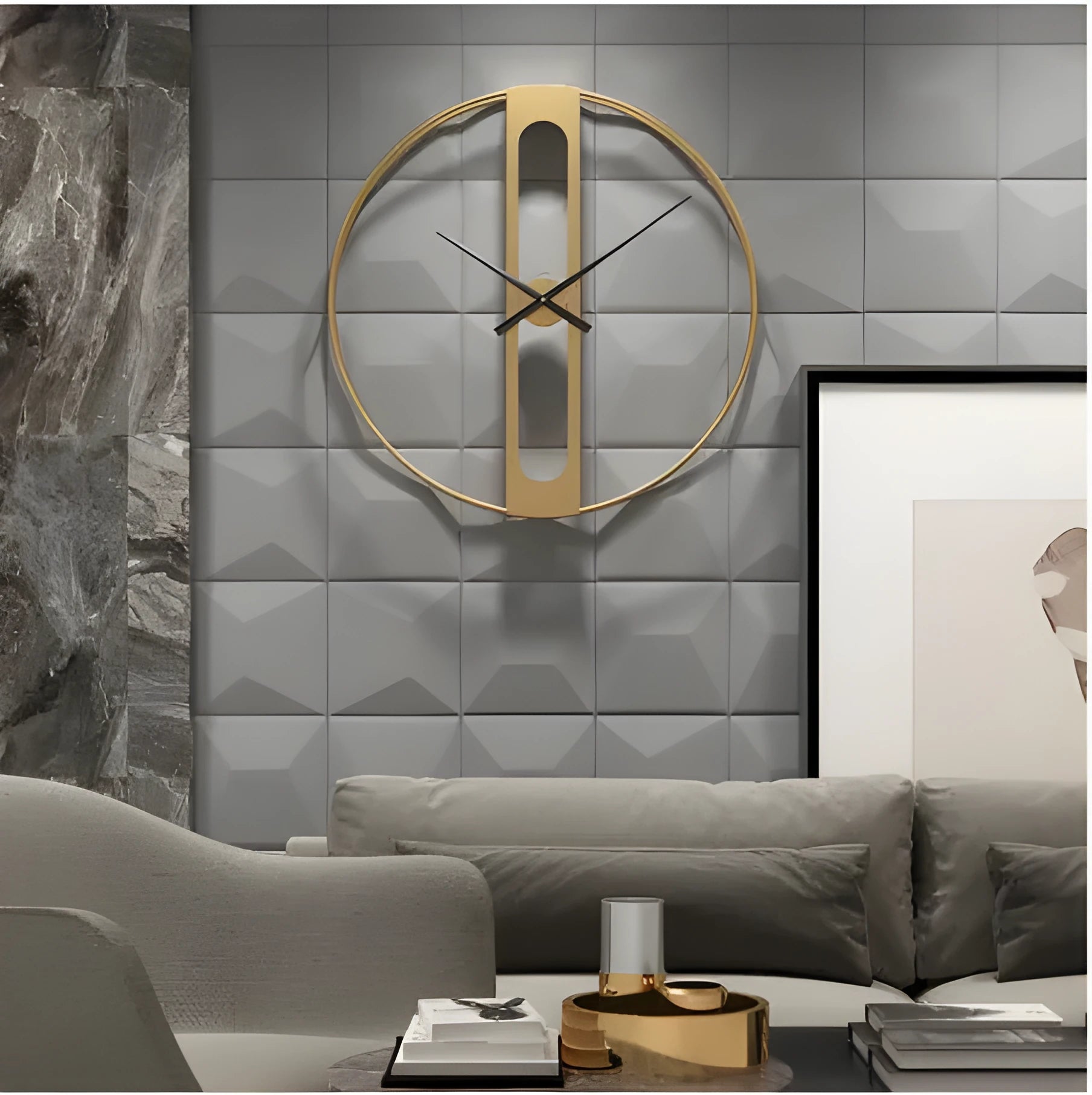Round metal wall clock measuring 50cm in diameter, available in black and gold colour options