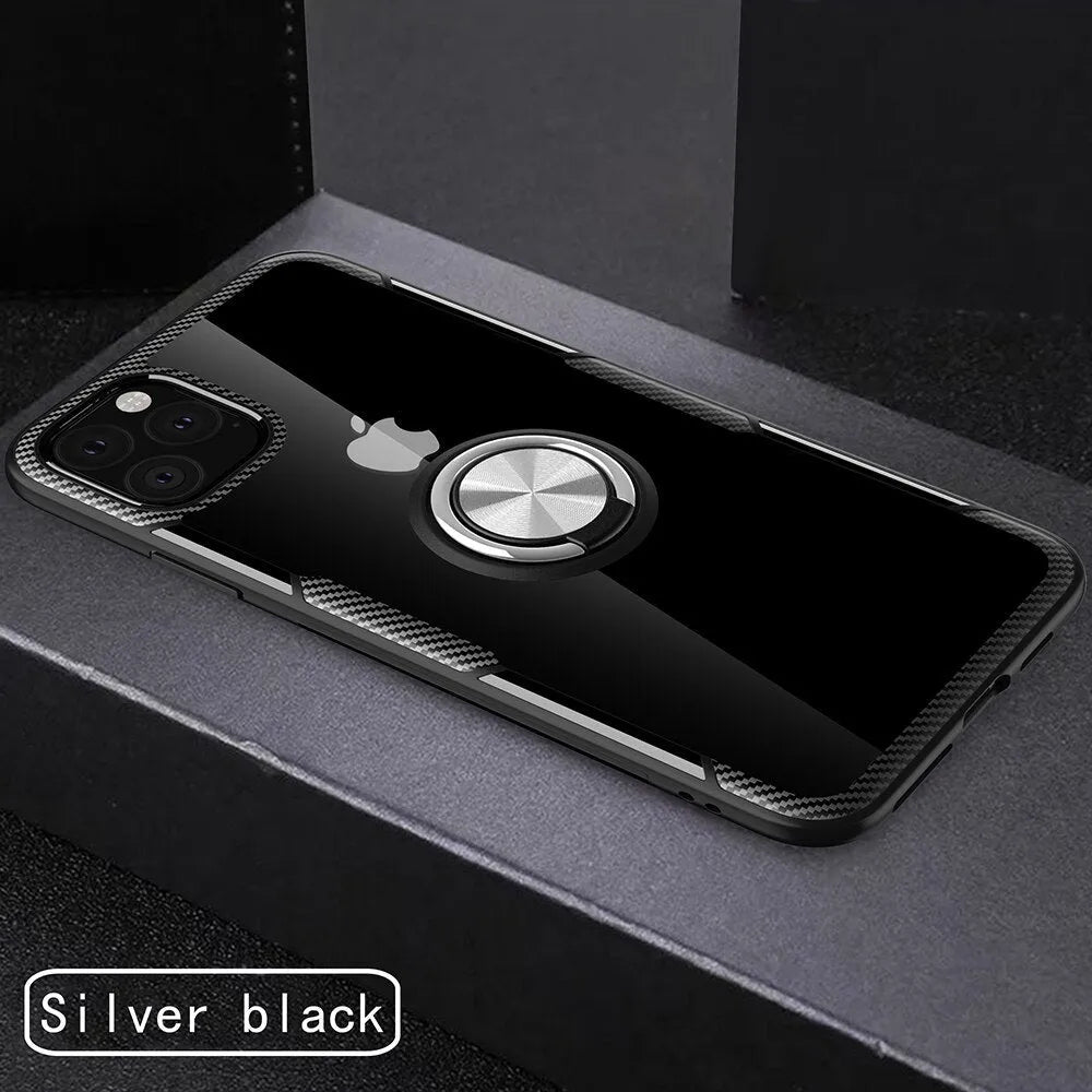 Black PU leather iPhone case for iPhone 11 Pro Max showing button and port access.