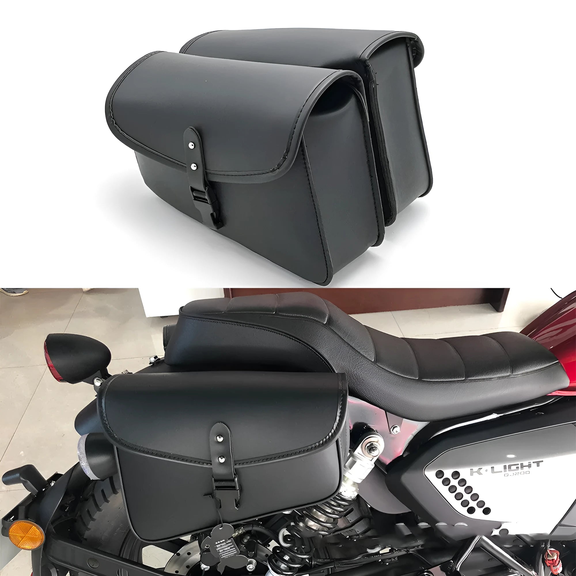Black PU leather motorcycle swingarm bag mounted on Harley Sportster side storage