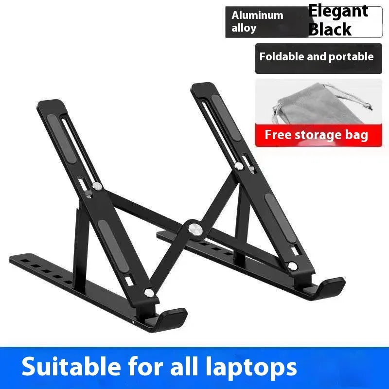 Silver aluminium alloy folding laptop stand with black silicone pads on a wooden desk.