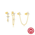 S925 sterling silver geometric tassel earring set with zircon accents - 3 pieces gold colour