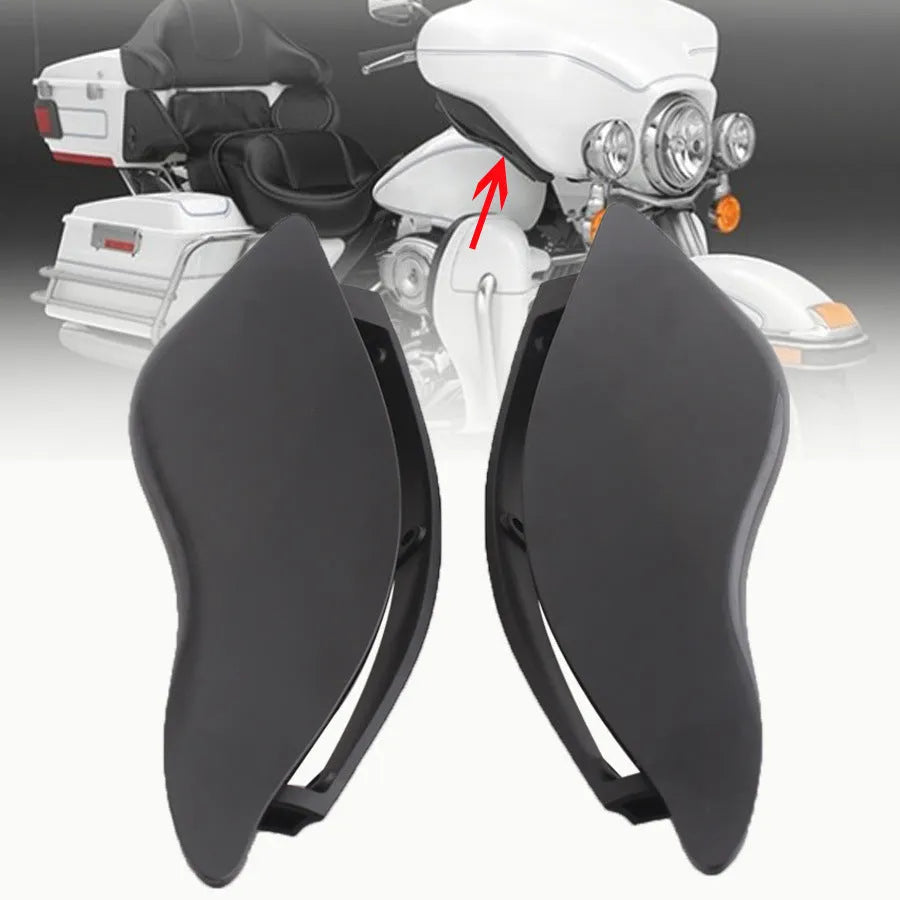 Pair of smoked ABS plastic windshield side wings for a Harley three-wheel glide motorcycle.