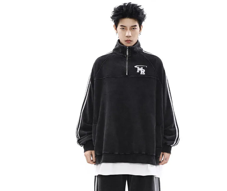 Black retro sports hoodie with a stand collar and long sleeves, shown on a model.
