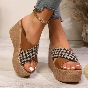 Cross leopard plaid wedge sandals in brown and black patterns with rubber sole and plastic upper