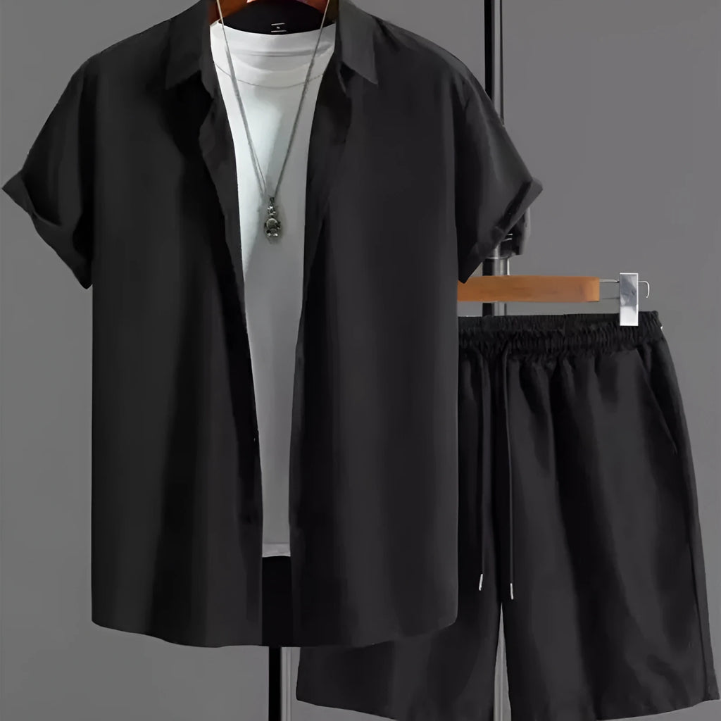 Men's jacquard suit shorts set with short sleeve top and matching trousers in solid colour