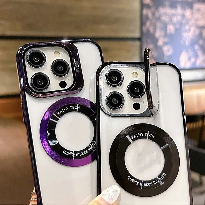 Magnetic mobile phone case for iPhone with MagSafe ring, shown in dark purple colour.