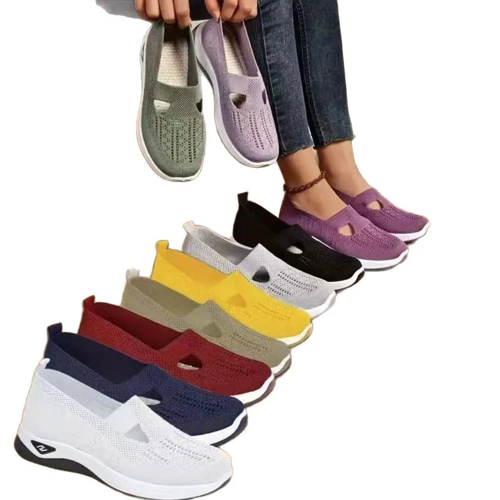 Women's casual flat shoes with mesh upper and T-strap in multiple colours