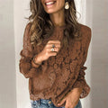Women's hollow lace street shirt in loose fit with round collar and long sleeves