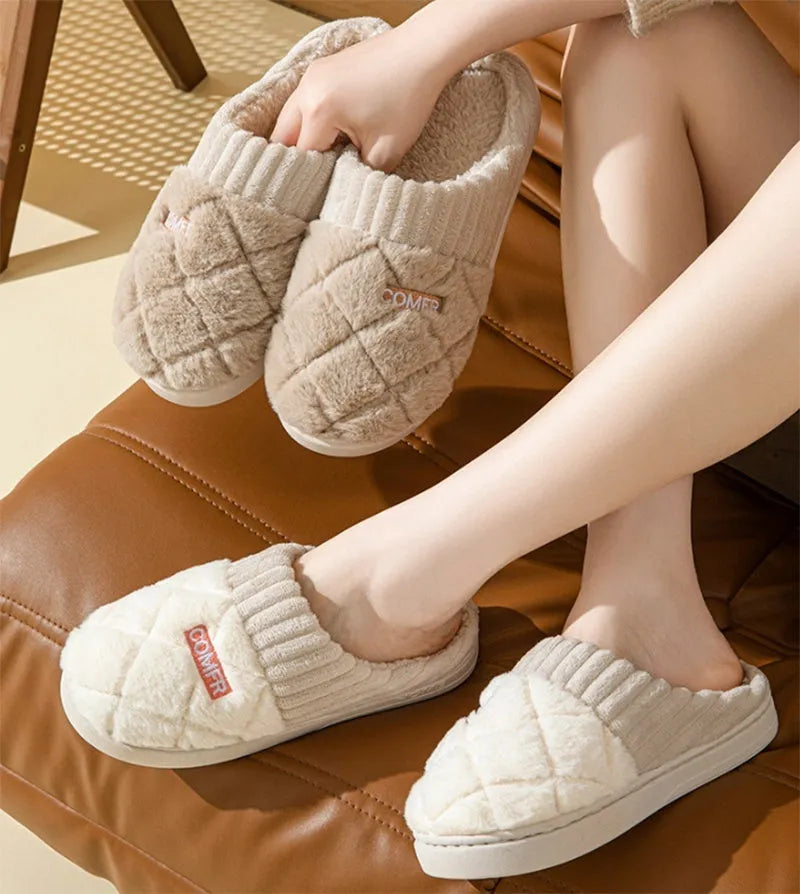Solid rhombic letter home slippers in thickened plush with EVA sole, available in multiple colours and sizes for men and women