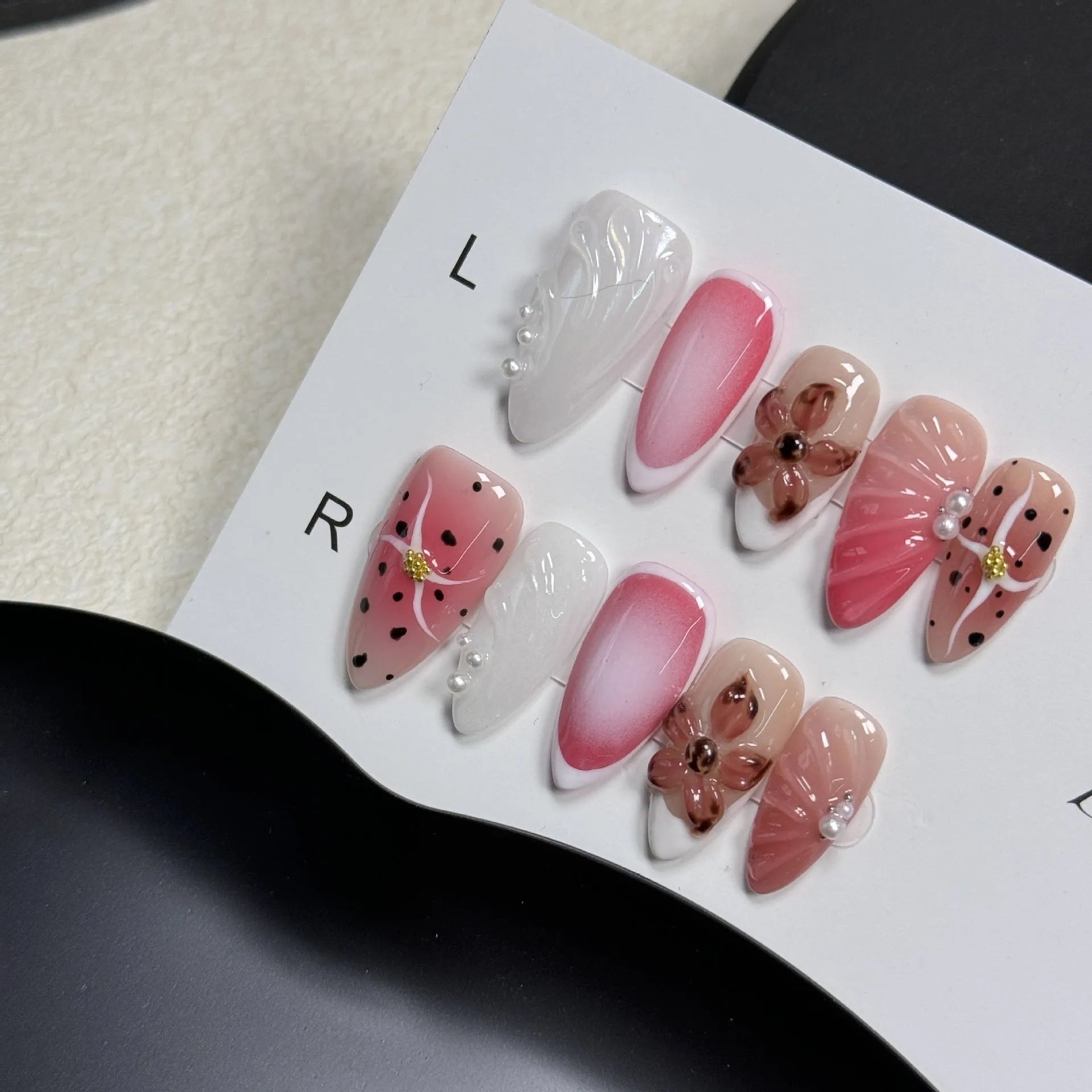 Three-dimensional embossed candy pattern nail art patches in almond shape with retro French styling