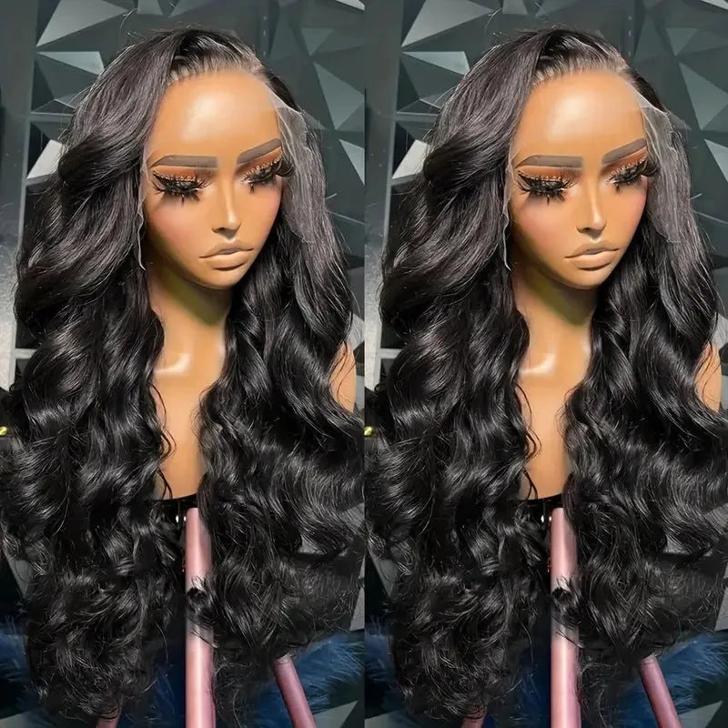 Black synthetic wig with medium-long curly waves, 22 inches length, full head coverage