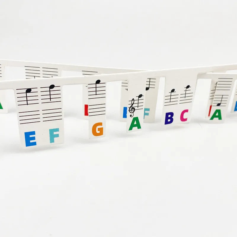 Set of white cardboard piano note stickers for 88-key keyboard, showing colour bars or black notes option.