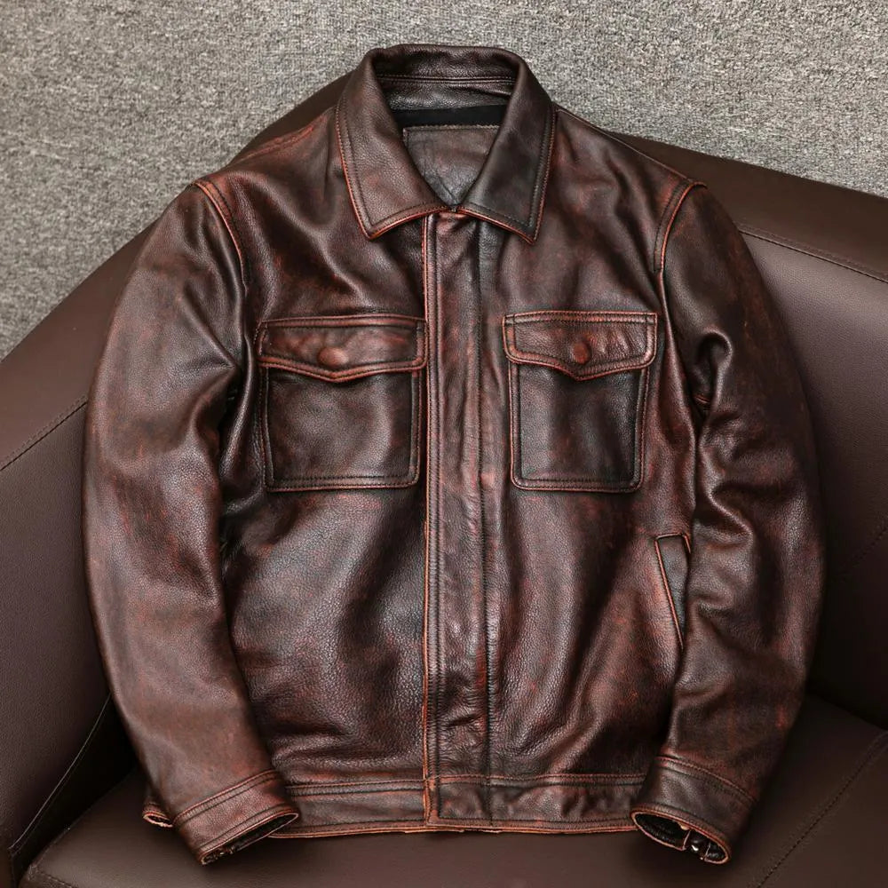 Men's plus size black retro lapel leather jacket with side pockets on a mannequin.