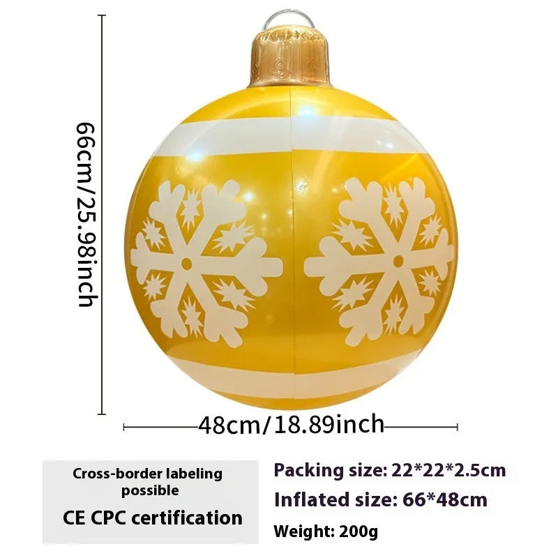 Large red inflatable Christmas ball with flash lights, shown with manual pump, for garden decoration.