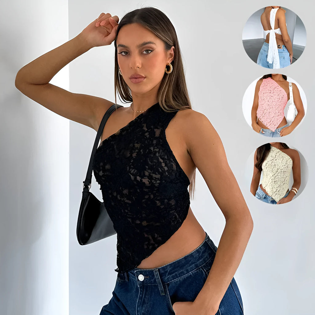 Women's apricot lace backless sleeveless vest with asymmetrical neckline on a hanger.