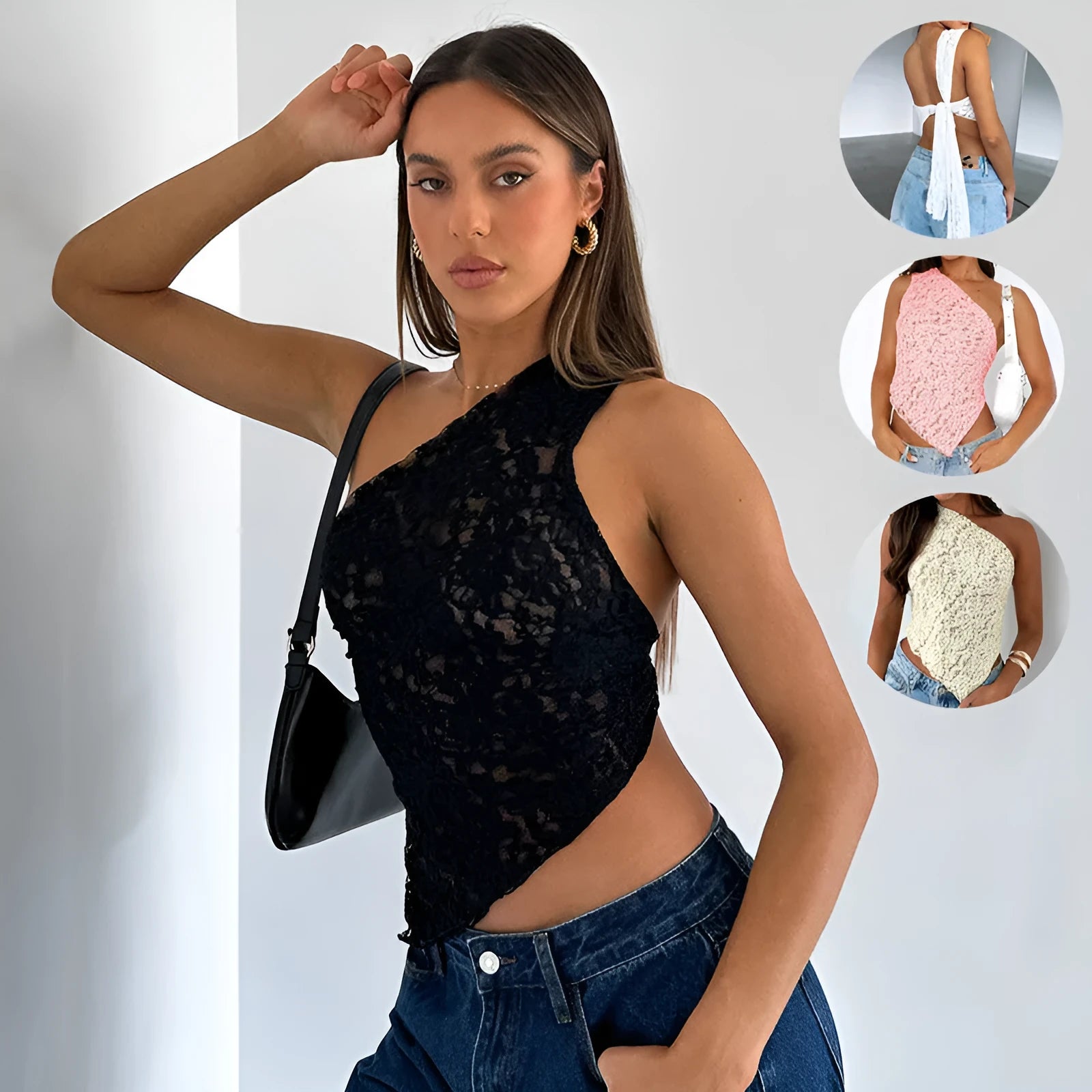 Women's apricot lace backless sleeveless vest with asymmetrical neckline on a hanger.