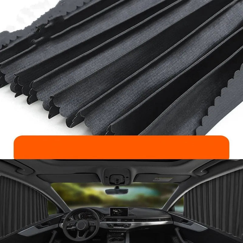 Auto retractable car sunshade in black colour showing roller shutter mechanism