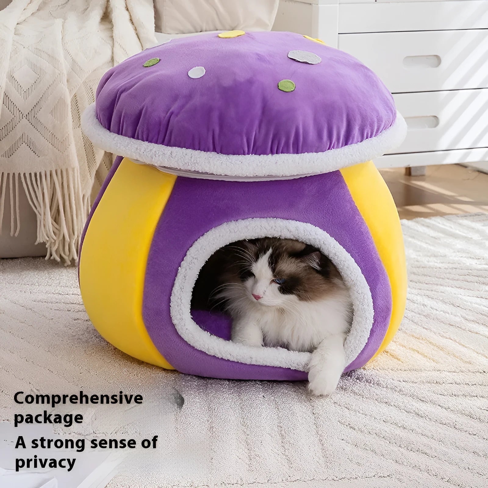 Grey mushroom-shaped plush cat bed with a detachable blanket, shown on a wooden floor.