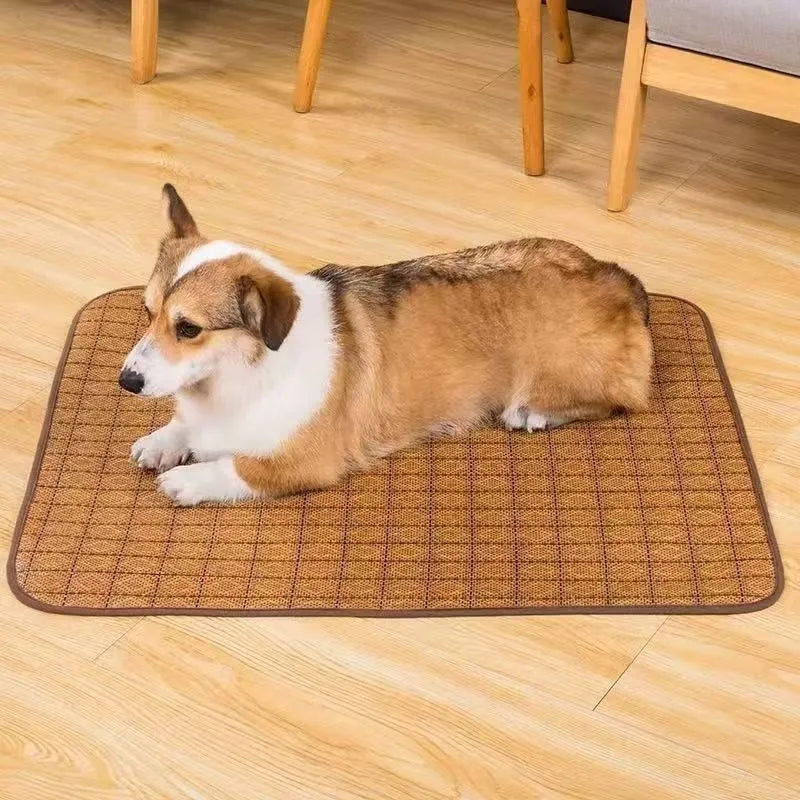 Brown rattan fibre dog cooling mat showing open-weave construction