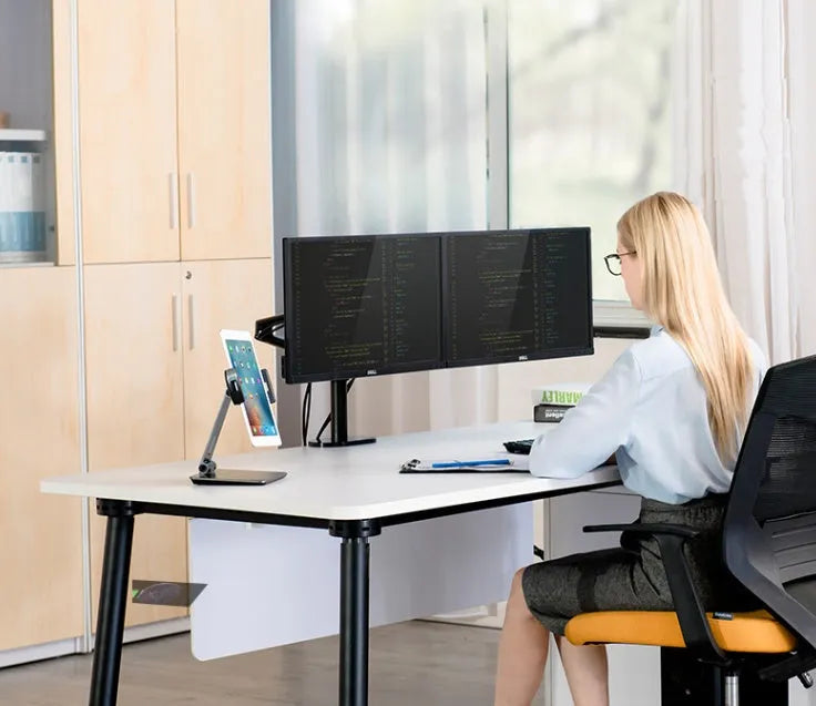 Foldable aluminium desktop phone and tablet holder showing rotation mechanism