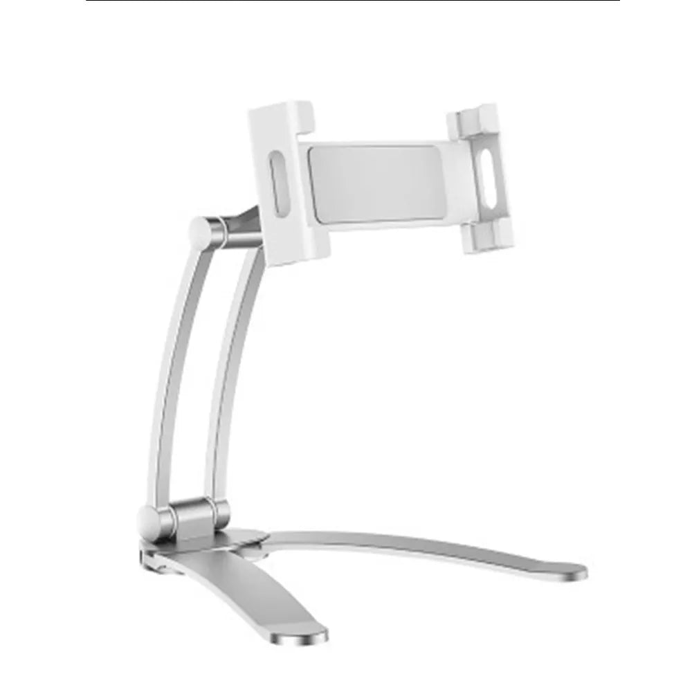 Silver aluminum alloy tablet stand with white mount holding tablet at adjustable angle