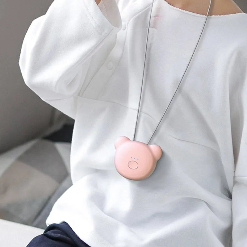 Mini USB portable air purifier necklace in collar design shown in blue, grey, pink and white colours.