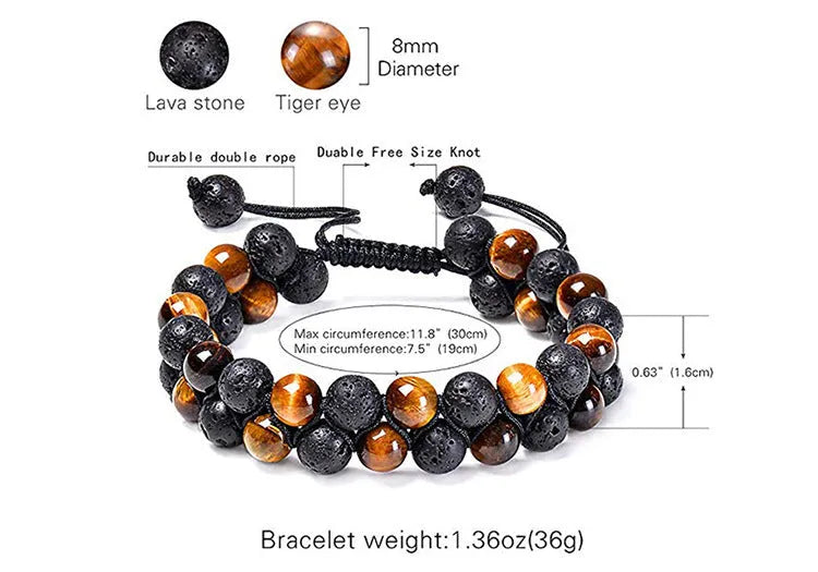 A pair of geometric matte black agate bead bracelets for couples on a neutral background.