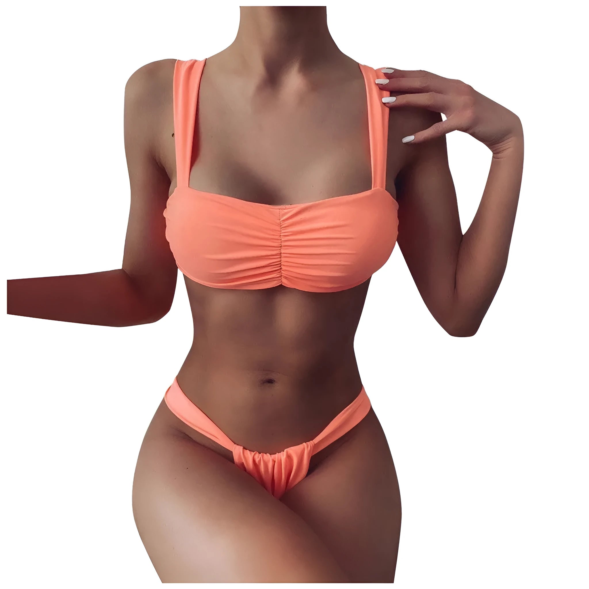 Solid colour orange split bikini swimsuit with tie-side fastening for women