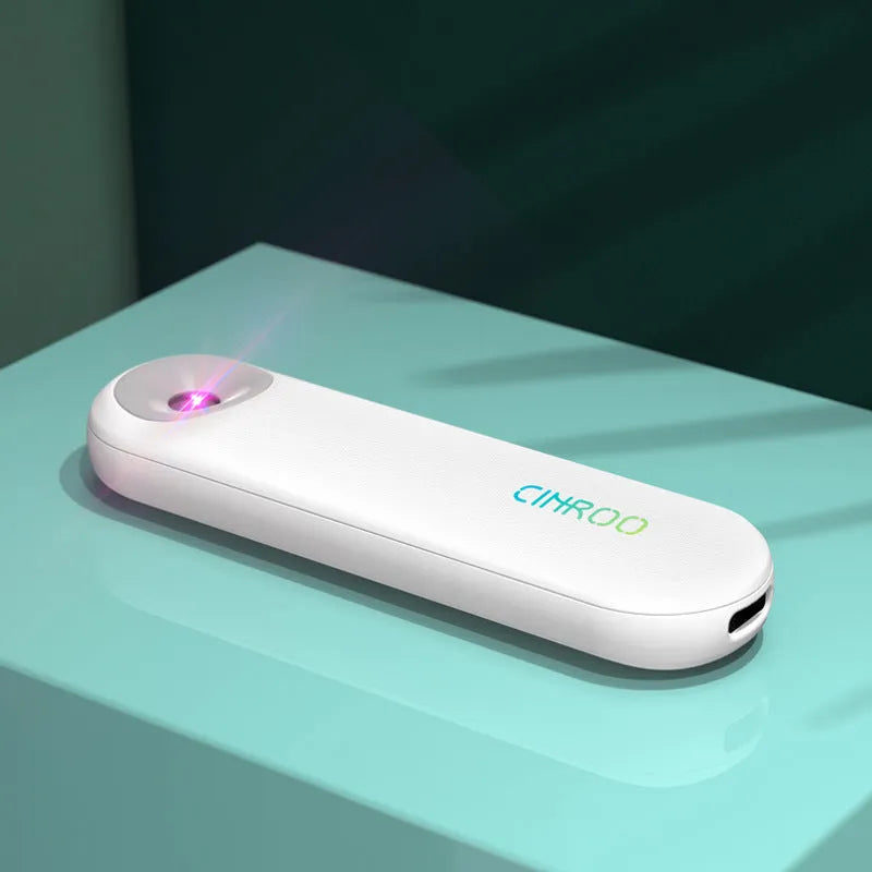 White portable ultraviolet steriliser showing compact 116mm design with display showing battery indicator