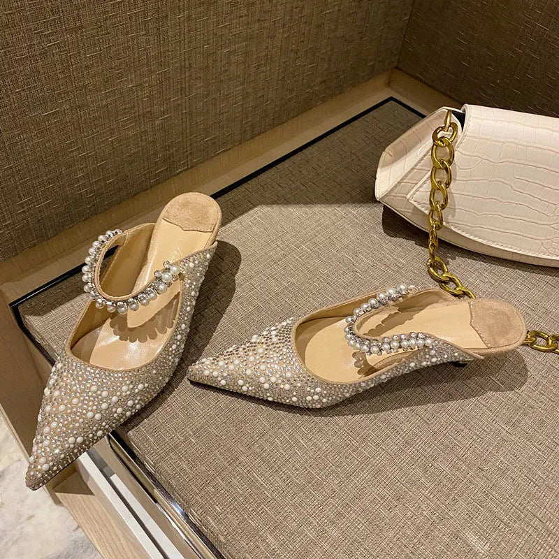 Women's spring stiletto heel slippers in Korean style with pointed toe and microfiber upper