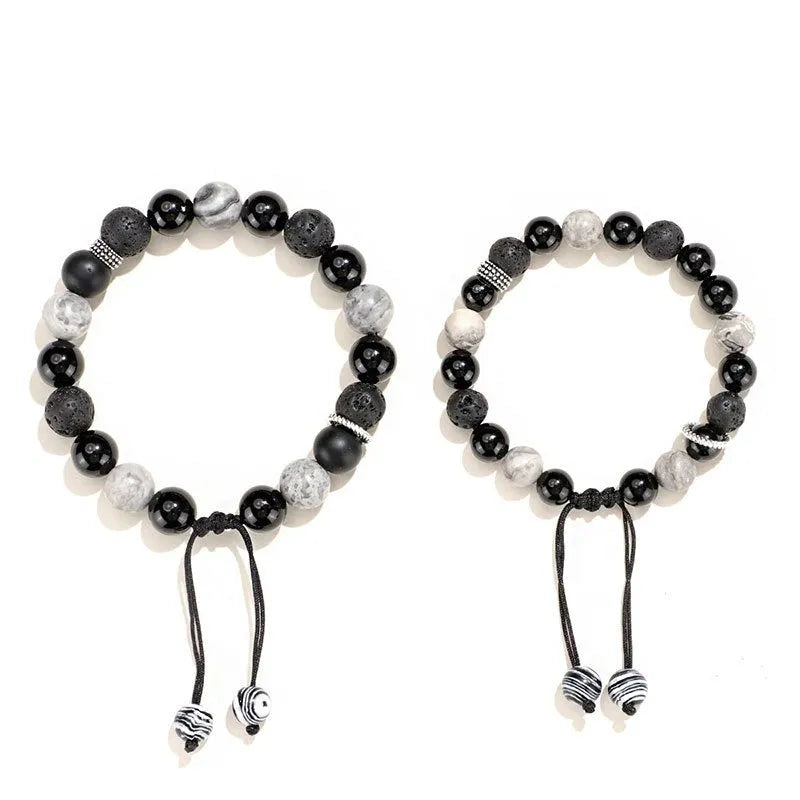 Diamond-shaped black agate map stone volcanic rock bracelet in New Chinese style.