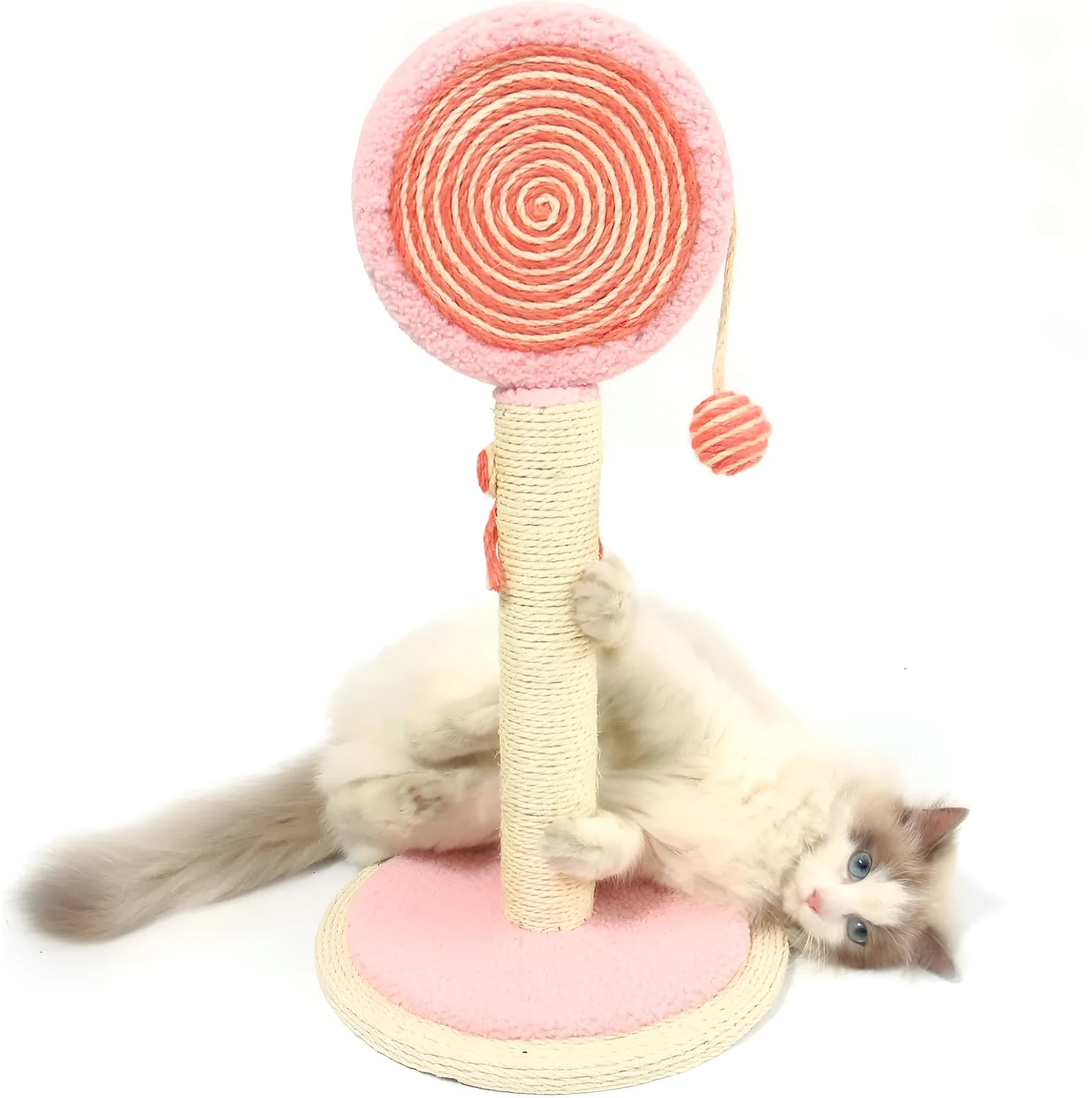 Blue cat scratching post with sisal rope centre and a hanging ball on a sturdy wooden base.