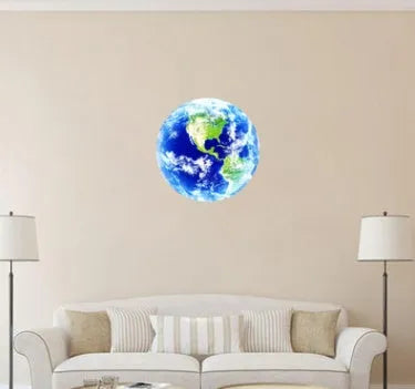 Glow in the dark 3D Earth planet wall sticker in three size options on a wall.