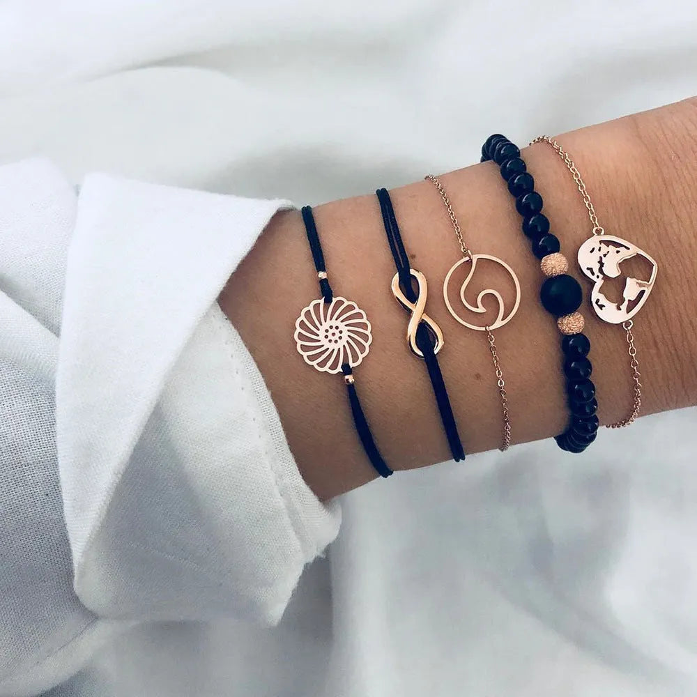 Bohemian bracelet set with alloy vintage bead and boho charm design in bow love style for women