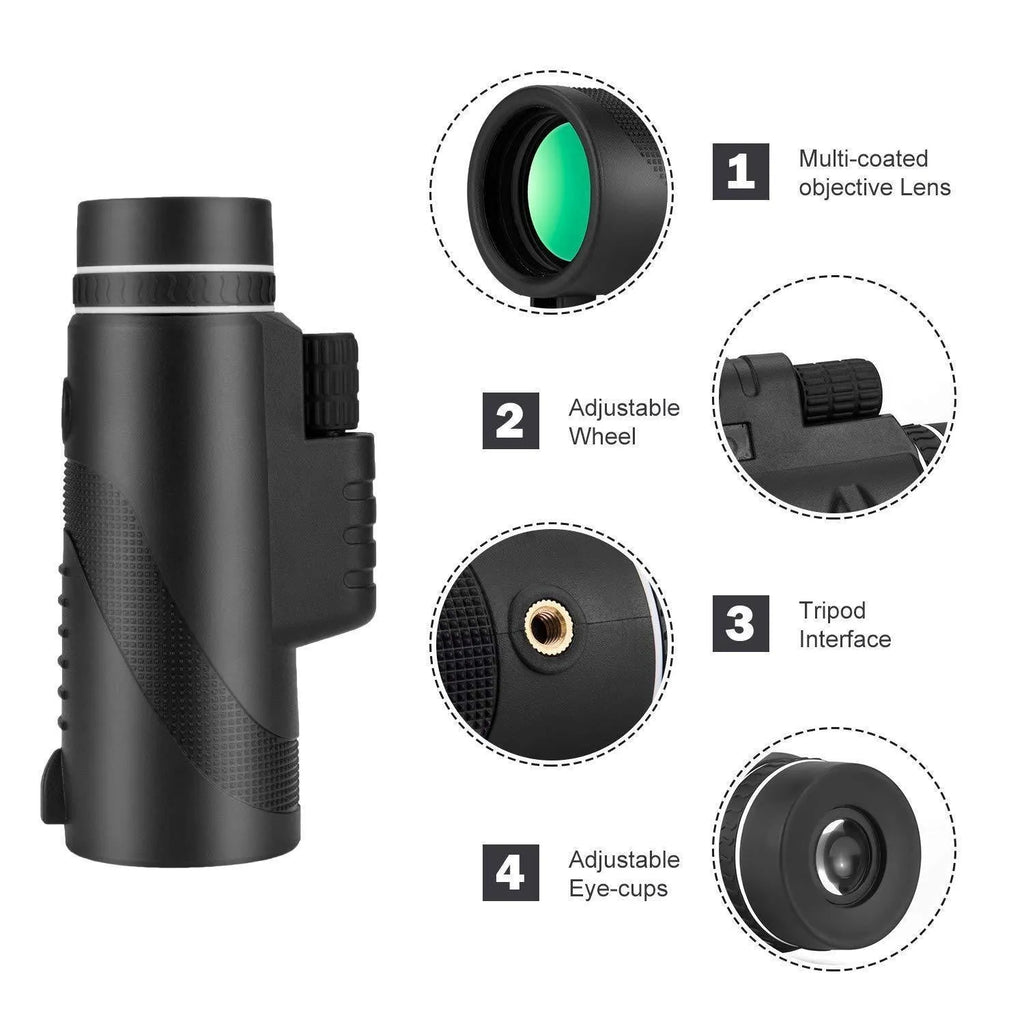Black HD 40x60 monocular telescope with 40x magnification and waterproof design.