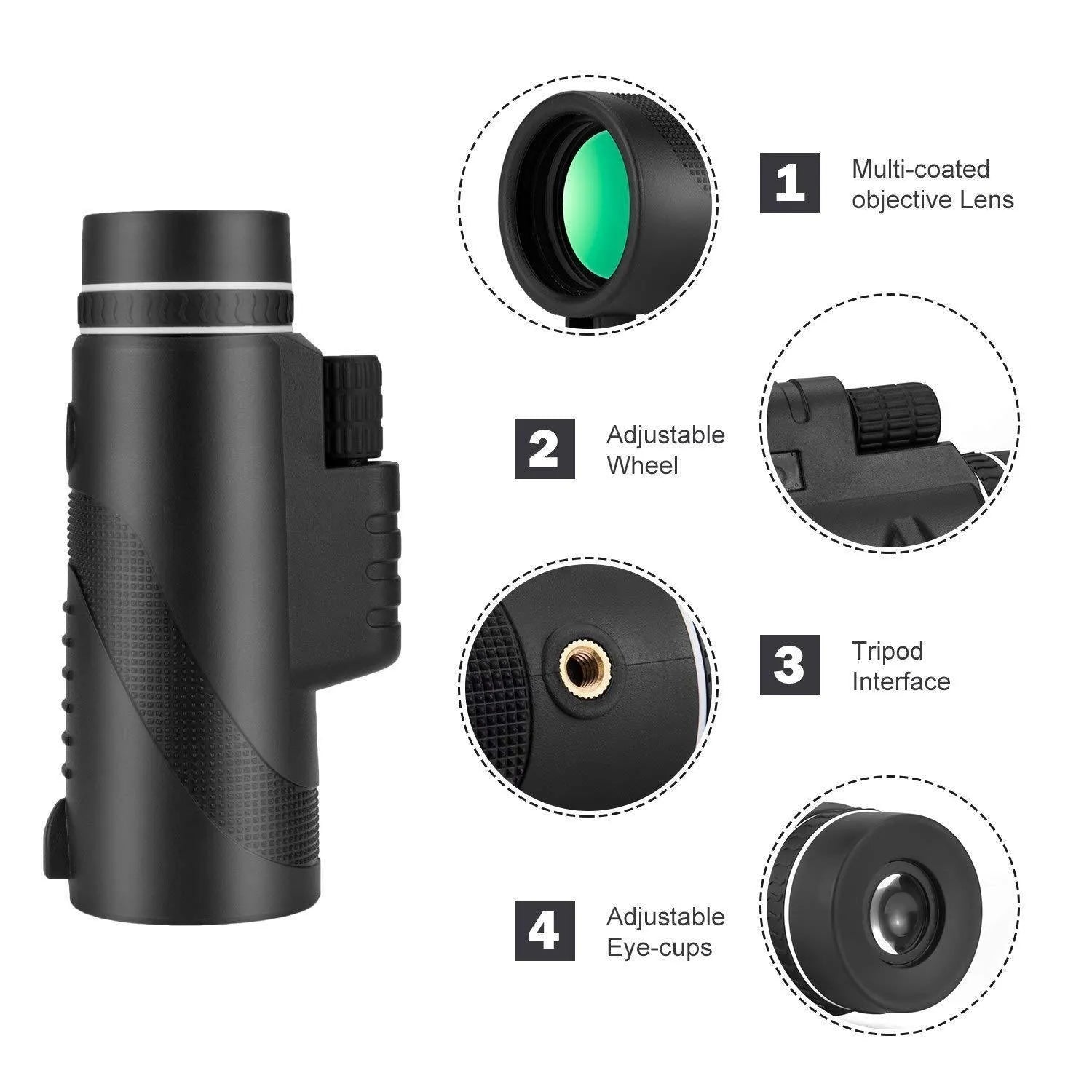 Black HD 40x60 monocular telescope with 40x magnification and waterproof design.