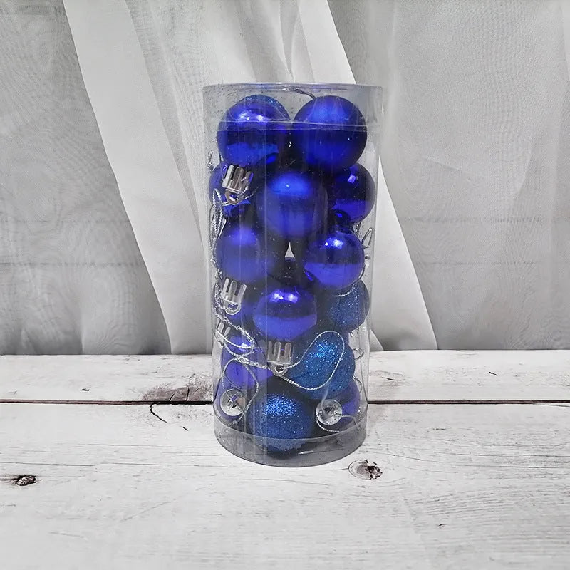 Assorted metallic gold, red, silver, and blue 3cm plastic Christmas bauble ornaments in a box.