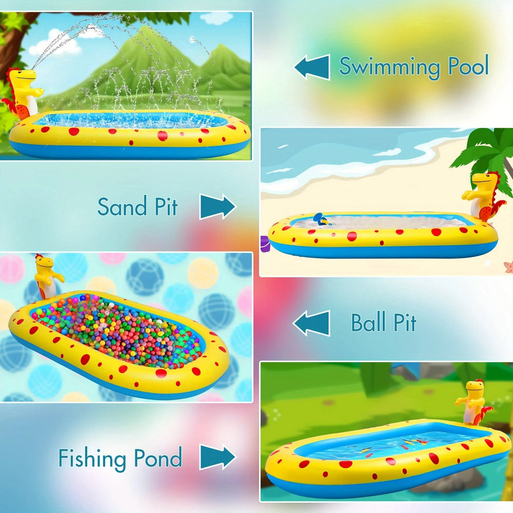 Blue dinosaur-themed inflatable water spray pool measuring 170 cm long for kids and pets